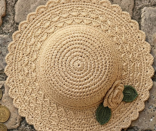 French Elegant Hats | Elegant Handmade Crochet 3D Rose Flower Leaf Scalloped Wavy Brim Bucket Sun Hat