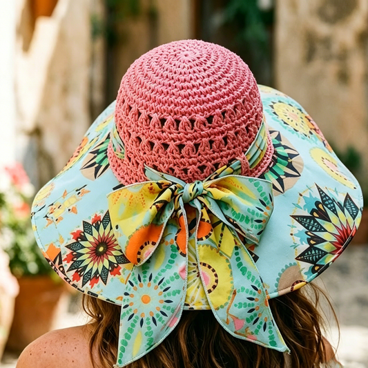 French Elegant Hats | Boho Ethnic Printed Hollow Crochet Floppy Wide Brim Bucket Sun Hat