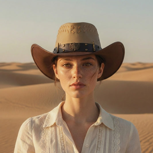French Elegant Hats | Two Tone Suede Western Cowboy Wide Brim Hat With Hollow Breathable Punch Hole, Eagle Badge & Bullet Decor Band