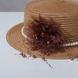 Load image into Gallery viewer, French pearl flower thousand gold feeling flat top top hat women's seaside vacation sunshade breathable straw hat summer sun protection sun hat
