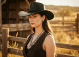 Load image into Gallery viewer, Black Embossed Leaf Western Cowboy Hat, Southwest Navajo Hand Stitched Cowgirl Hat, Vintage Ranch Rodeo Hat for Women