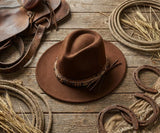 Load image into Gallery viewer, Brown Western Fedora Cowboy Hat, Handmade Wood Bead Fringe Band Cowgirl Hat, Vintage Ranch Rodeo Hat for Women
