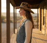 Load image into Gallery viewer, Vintage Distressed Western Cowboy Hat, Evil Eye Beaded Band Cowgirl Hat, Boho Ranch Rodeo Hat