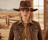 Load image into Gallery viewer, Brown Western Fedora Cowboy Hat, Handmade Wood Bead Fringe Band Cowgirl Hat, Vintage Ranch Rodeo Hat for Women