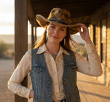 Load image into Gallery viewer, Vintage Distressed Western Cowboy Hat, Evil Eye Beaded Band Cowgirl Hat, Boho Ranch Rodeo Hat