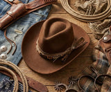 Load image into Gallery viewer, Brown Western Fedora Cowboy Hat, Handmade Wood Bead Fringe Band Cowgirl Hat, Vintage Ranch Rodeo Hat for Women
