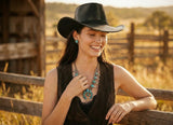 Load image into Gallery viewer, Black Embossed Leaf Western Cowboy Hat, Southwest Navajo Hand Stitched Cowgirl Hat, Vintage Ranch Rodeo Hat for Women