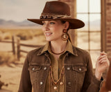 Load image into Gallery viewer, Brown Western Fedora Cowboy Hat, Handmade Wood Bead Fringe Band Cowgirl Hat, Vintage Ranch Rodeo Hat for Women