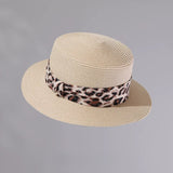 Load image into Gallery viewer, French brim flat top straw hat leopard print decoration women's summer sun protection sunshade resort beach hat woven sun hat