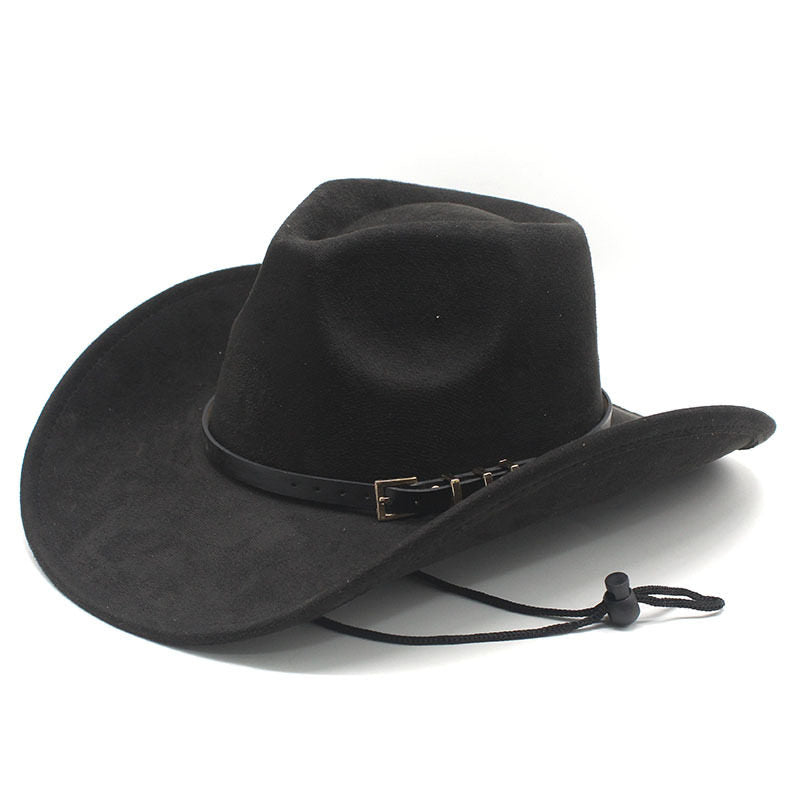 Tibetan Western Denim Hat Big Rim Hat Topper Hat Black Belt Accessories Autumn and Winter Imitation Suede Hat with Windproof Rope