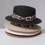 Load image into Gallery viewer, French brim flat top straw hat leopard print decoration women's summer sun protection sunshade resort beach hat woven sun hat