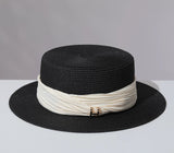 Load image into Gallery viewer, Straw flat top hat women's summer seaside beach sunshade sunscreen straw hat pleated photo good-looking simple sun hat