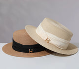 Load image into Gallery viewer, Straw flat top hat women's summer seaside beach sunshade sunscreen straw hat pleated photo good-looking simple sun hat