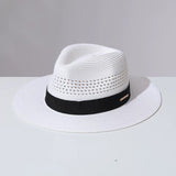 Load image into Gallery viewer, Straw hollow Panama straw hat men and women summer seaside vacation beach hat jazz hat sun visor top hat