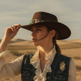 Load image into Gallery viewer, French Elegant Hats | Elegant Dark Brown Western Cowboy Wide Brim Hat With Turquoise Stone Flower Carving Letter Embroidery Leather Band