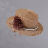 Load image into Gallery viewer, French pearl flower thousand gold feeling flat top top hat women's seaside vacation sunshade breathable straw hat summer sun protection sun hat