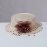 Load image into Gallery viewer, French pearl flower thousand gold feeling flat top top hat women's seaside vacation sunshade breathable straw hat summer sun protection sun hat