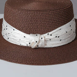 Load image into Gallery viewer, French polka dot flat top straw hat women's summer seaside vacation flat edge top hat sunshade straw sun protection hat foreign style