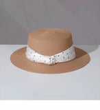 Load image into Gallery viewer, French polka dot flat top straw hat women's summer seaside vacation flat edge top hat sunshade straw sun protection hat foreign style