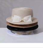 Load image into Gallery viewer, Old money wind flat top straw hat women's French bow elegant top hat summer sunshade sunscreen hat seaside vacation hat