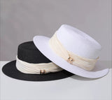 Load image into Gallery viewer, Straw flat top hat women's summer seaside beach sunshade sunscreen straw hat pleated photo good-looking simple sun hat