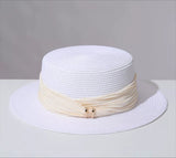 Load image into Gallery viewer, Straw flat top hat women's summer seaside beach sunshade sunscreen straw hat pleated photo good-looking simple sun hat