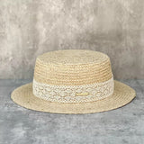 Load image into Gallery viewer, Summer Sweet Lace Decorative Lafite Straw Flat Top Straw Hat Women's Seaside Beach French Elegant British Top Hat