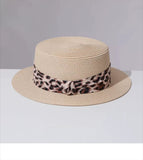 Load image into Gallery viewer, French brim flat top straw hat leopard print decoration women's summer sun protection sunshade resort beach hat woven sun hat