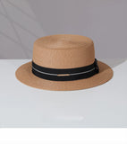 Load image into Gallery viewer, Big head circumference French flat top straw hat women's summer flat edge British retro small brim top hat sunshade sun protection hat vacation men