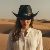 Load image into Gallery viewer, French Elegant Hats | Chic Black Woven Western Cowboy Wide Brim Hat With Vintage Turquoise Stone Leather Band