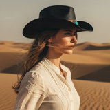 Load image into Gallery viewer, French Elegant Hats | Chic Black Woven Western Cowboy Wide Brim Hat With Vintage Turquoise Stone Leather Band