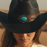 Load image into Gallery viewer, French Elegant Hats | Chic Black Woven Western Cowboy Wide Brim Hat With Vintage Turquoise Stone Leather Band