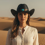 Load image into Gallery viewer, French Elegant Hats | Chic Black Woven Western Cowboy Wide Brim Hat With Vintage Turquoise Stone Leather Band