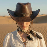 Load image into Gallery viewer, French Elegant Hats | Premium Dark Brown Faux Leather Western Cowboy Wide Brim Hat With Eight-Point Star Buckle &amp; Chin Strap