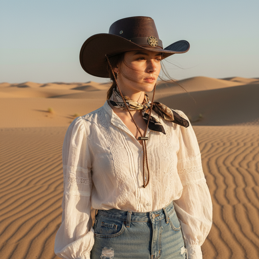 French Elegant Hats | Premium Dark Brown Faux Leather Western Cowboy Wide Brim Hat With Eight-Point Star Buckle & Chin Strap