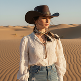 Load image into Gallery viewer, French Elegant Hats | Premium Dark Brown Faux Leather Western Cowboy Wide Brim Hat With Eight-Point Star Buckle &amp; Chin Strap