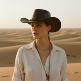 Load image into Gallery viewer, French Elegant Hats | Premium Dark Brown Faux Leather Western Cowboy Wide Brim Hat With Eight-Point Star Buckle &amp; Chin Strap