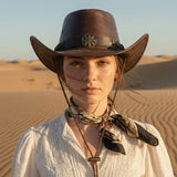 Load image into Gallery viewer, French Elegant Hats | Premium Dark Brown Faux Leather Western Cowboy Wide Brim Hat With Eight-Point Star Buckle &amp; Chin Strap