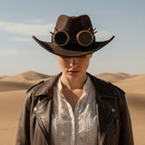 Load image into Gallery viewer, French Elegant Hats | Unique Dark Brown Western Cowboy Wide Brim Hat With Steampunk Spike Goggle Decor