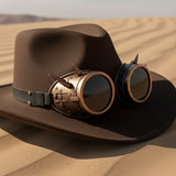 Load image into Gallery viewer, French Elegant Hats | Unique Dark Brown Western Cowboy Wide Brim Hat With Steampunk Spike Goggle Decor
