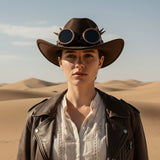 Load image into Gallery viewer, French Elegant Hats | Unique Dark Brown Western Cowboy Wide Brim Hat With Steampunk Spike Goggle Decor