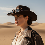 Load image into Gallery viewer, French Elegant Hats | Unique Dark Brown Western Cowboy Wide Brim Hat With Steampunk Spike Goggle Decor