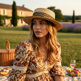 Load image into Gallery viewer, French Elegant Hats | Vintage Black Dotted Lace Band Flat Top Wide Brim Straw Sun Hat