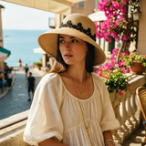 Load image into Gallery viewer, French Elegant Hats | Elegant Black Floral Lace Trim Flat Top Wide Brim Straw Sun Hat