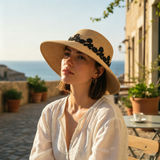 Load image into Gallery viewer, French Elegant Hats | Elegant Black Floral Lace Trim Flat Top Wide Brim Straw Sun Hat