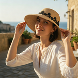 Load image into Gallery viewer, French Elegant Hats | Elegant Black Floral Lace Trim Flat Top Wide Brim Straw Sun Hat
