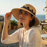 Load image into Gallery viewer, French Elegant Hats | Elegant Black Floral Lace Trim Flat Top Wide Brim Straw Sun Hat
