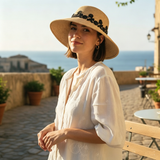 Load image into Gallery viewer, French Elegant Hats | Elegant Black Floral Lace Trim Flat Top Wide Brim Straw Sun Hat