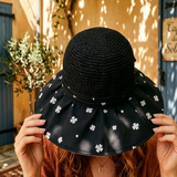 Load image into Gallery viewer, French Elegant Hats | Unique Black Handmade Crochet White Flower Printed Wide Folded Brim Bucket Sun Hat