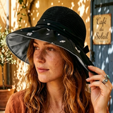 Load image into Gallery viewer, French Elegant Hats | Unique Black Handmade Crochet White Flower Printed Wide Folded Brim Bucket Sun Hat